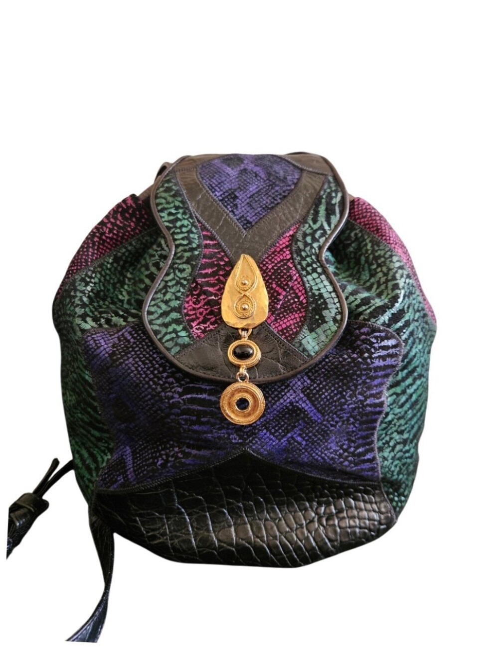 Vintage 70s Sharif Black Croc Embossed Leather Patchwork Animal Print Bucket Bag